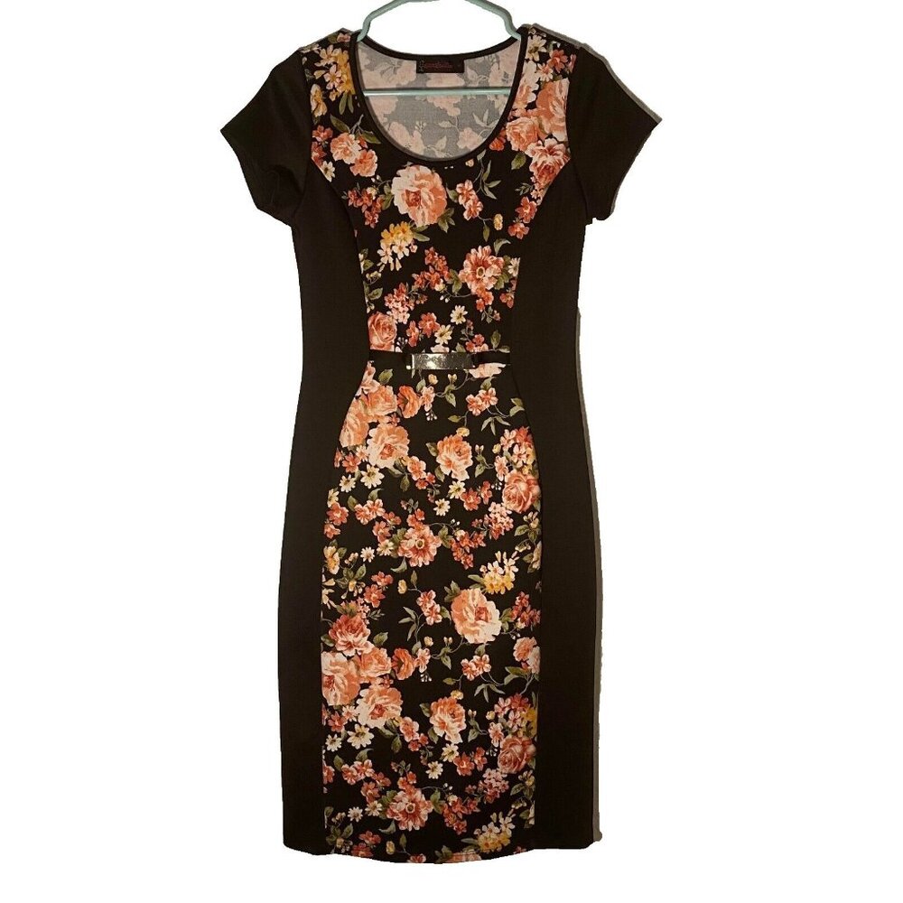 Annabelle Women's Slimming Floral Sheath Dress Short Sleeve Black Size Medium